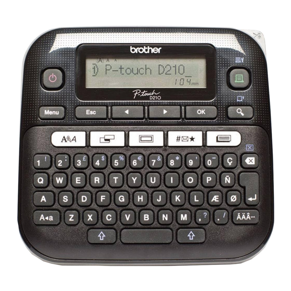 Brother P-touch PT-D210 desktop label maker with a printed sample label