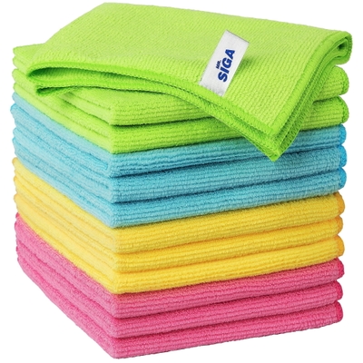 A colorful 12-pack of folded MR.SIGA microfiber cleaning cloths